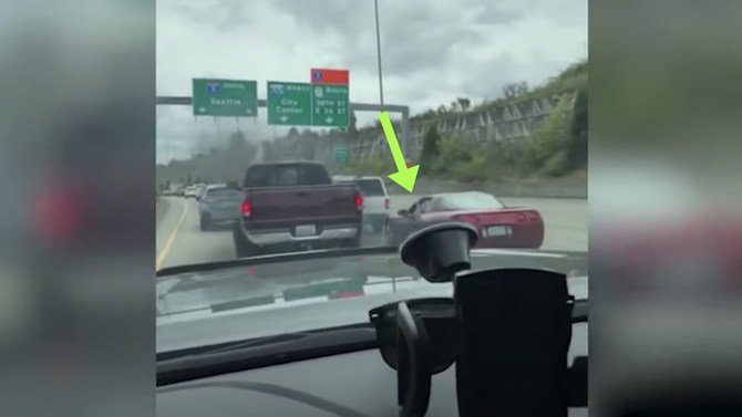 Corvette Driver Refuses To Let In Truck Then Flips The Bird, Gets Smoked Out
