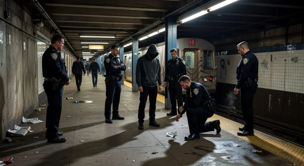Police officers interacting with a criminal at a subway station