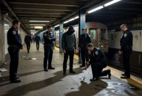 Police officers interacting with a criminal at a subway station