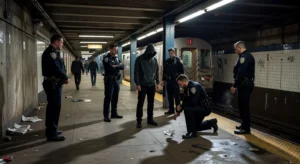 Police officers interacting with a criminal at a subway station