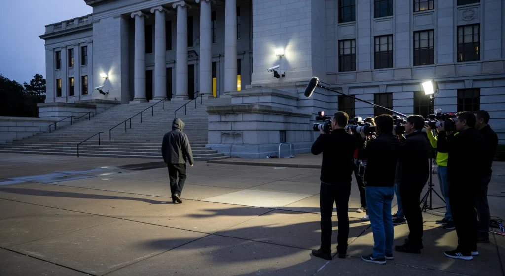 man walking outside courthouse with press filming him