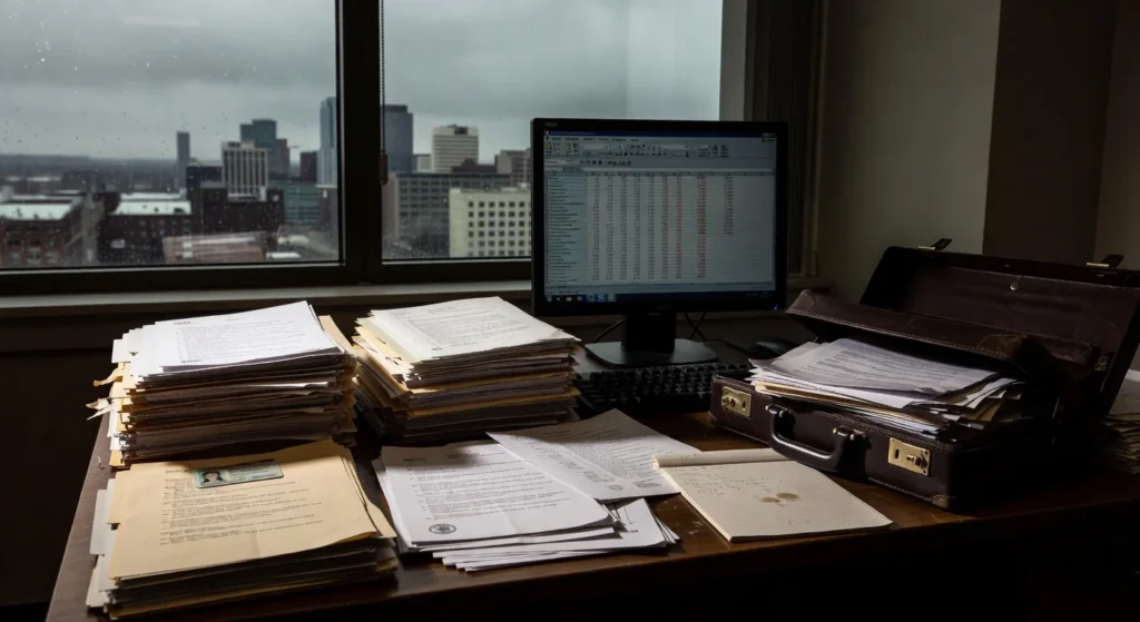 A desk with a computer monitor and piles of documents