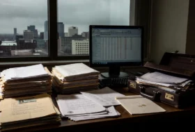 A desk with a computer monitor and piles of documents