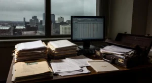 A desk with a computer monitor and piles of documents
