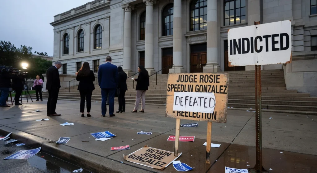 Political signs and people standing outside a courthouse