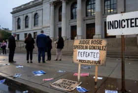 Political signs and people standing outside a courthouse