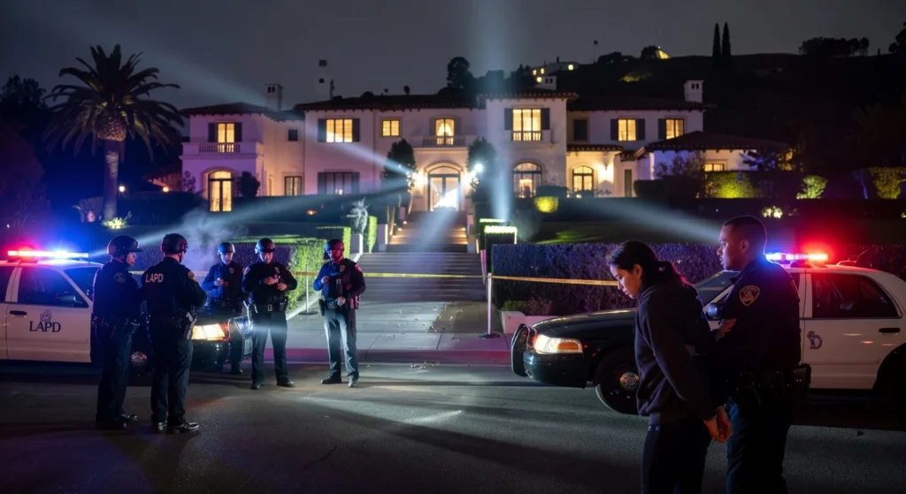 Police officers outside of a large house at night