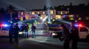 Police officers outside of a large house at night