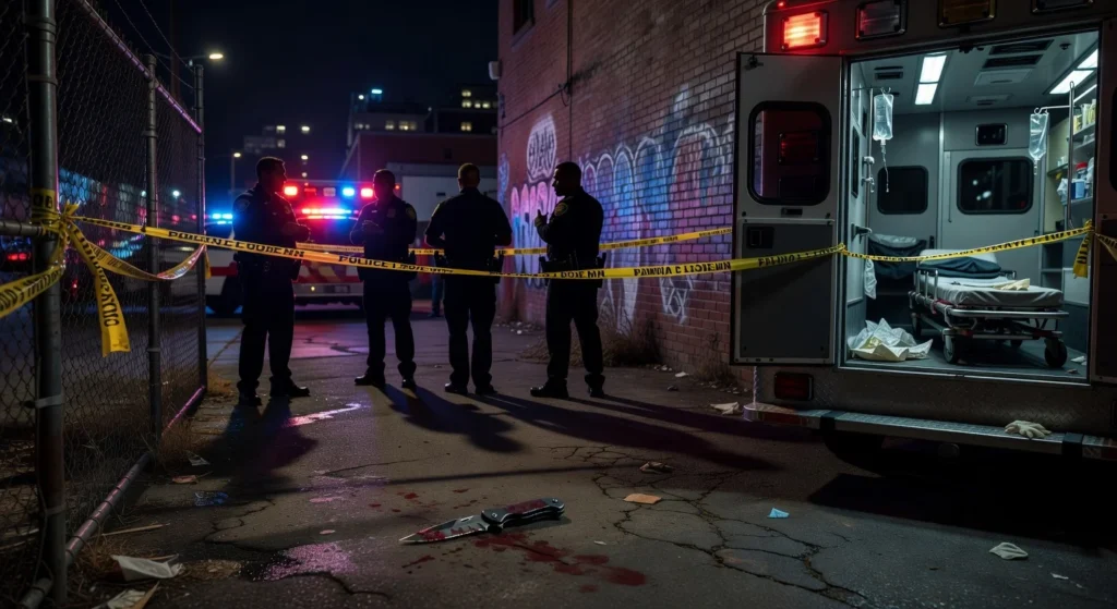 A crime scene on the street during the night with police officers present