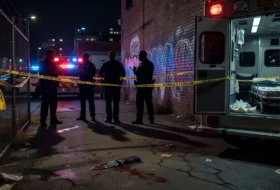 A crime scene on the street during the night with police officers present
