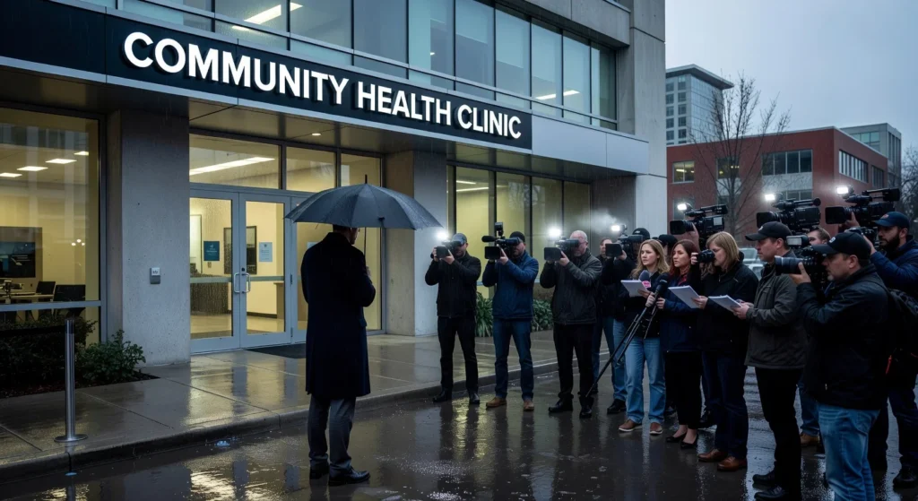Exterior of a community health clinic with people crowded around it outside