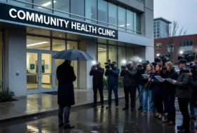 Exterior of a community health clinic with people crowded around it outside
