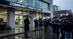 Exterior of a community health clinic with people crowded around it outside