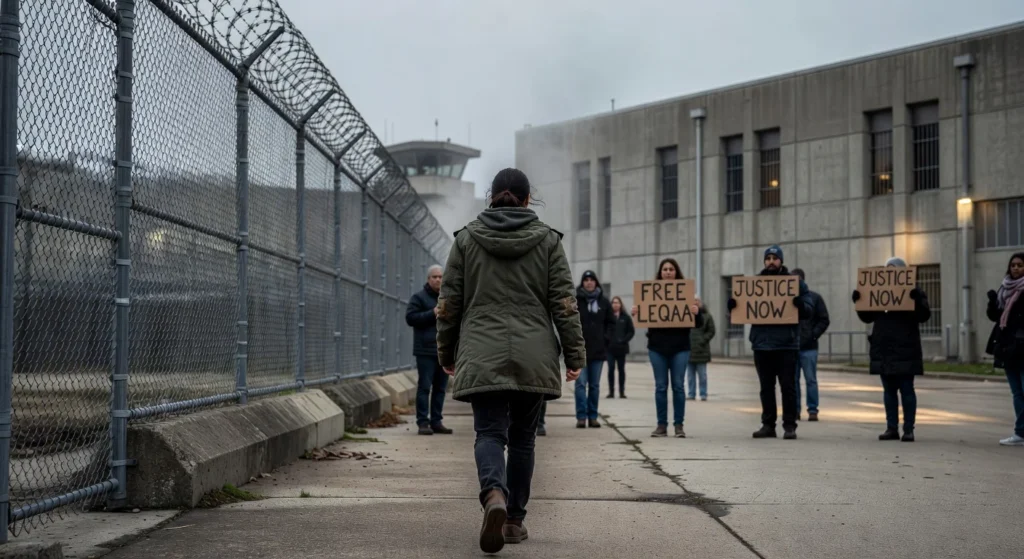 A person walking in a fenced detention center outside during the day