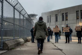 A person walking in a fenced detention center outside during the day