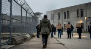 A person walking in a fenced detention center outside during the day