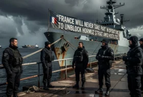 Navy crew standing on a dock next to a warship