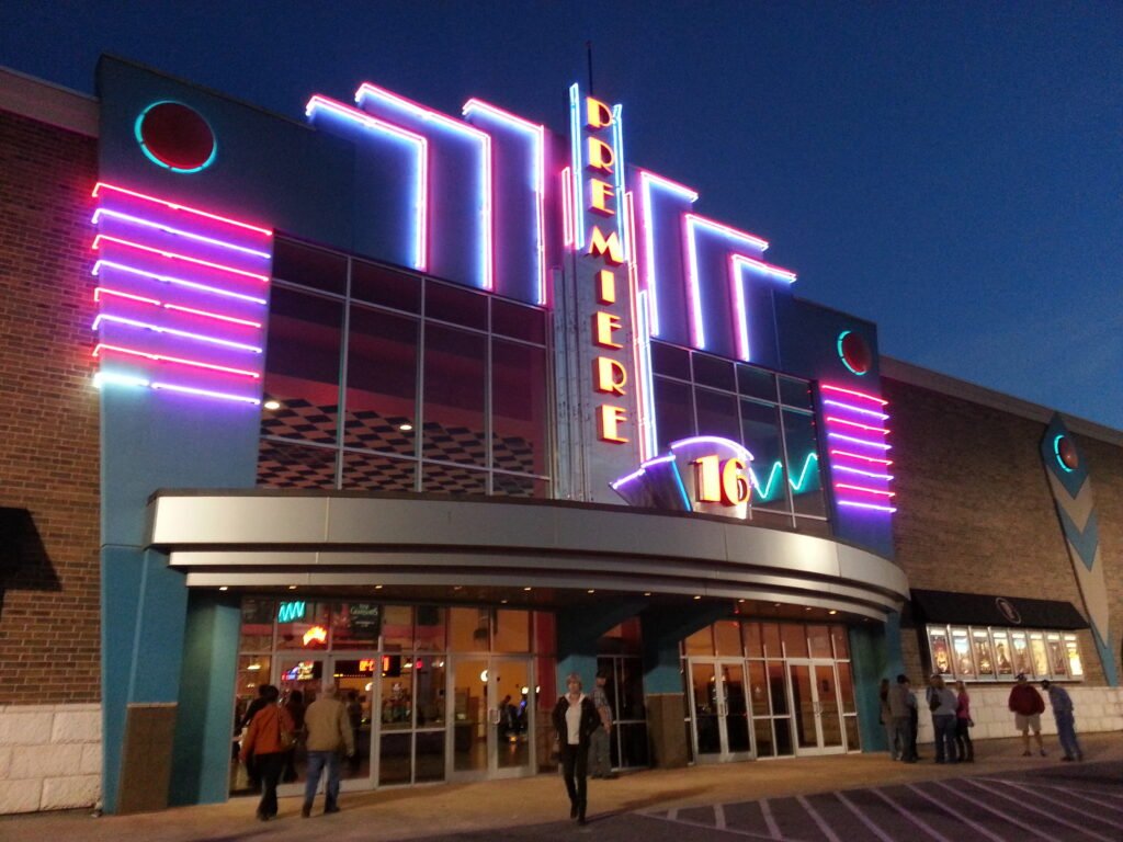exterior of a movie theater at night