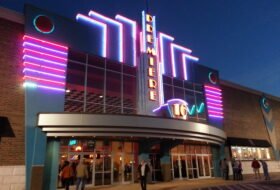 exterior of a movie theater at night